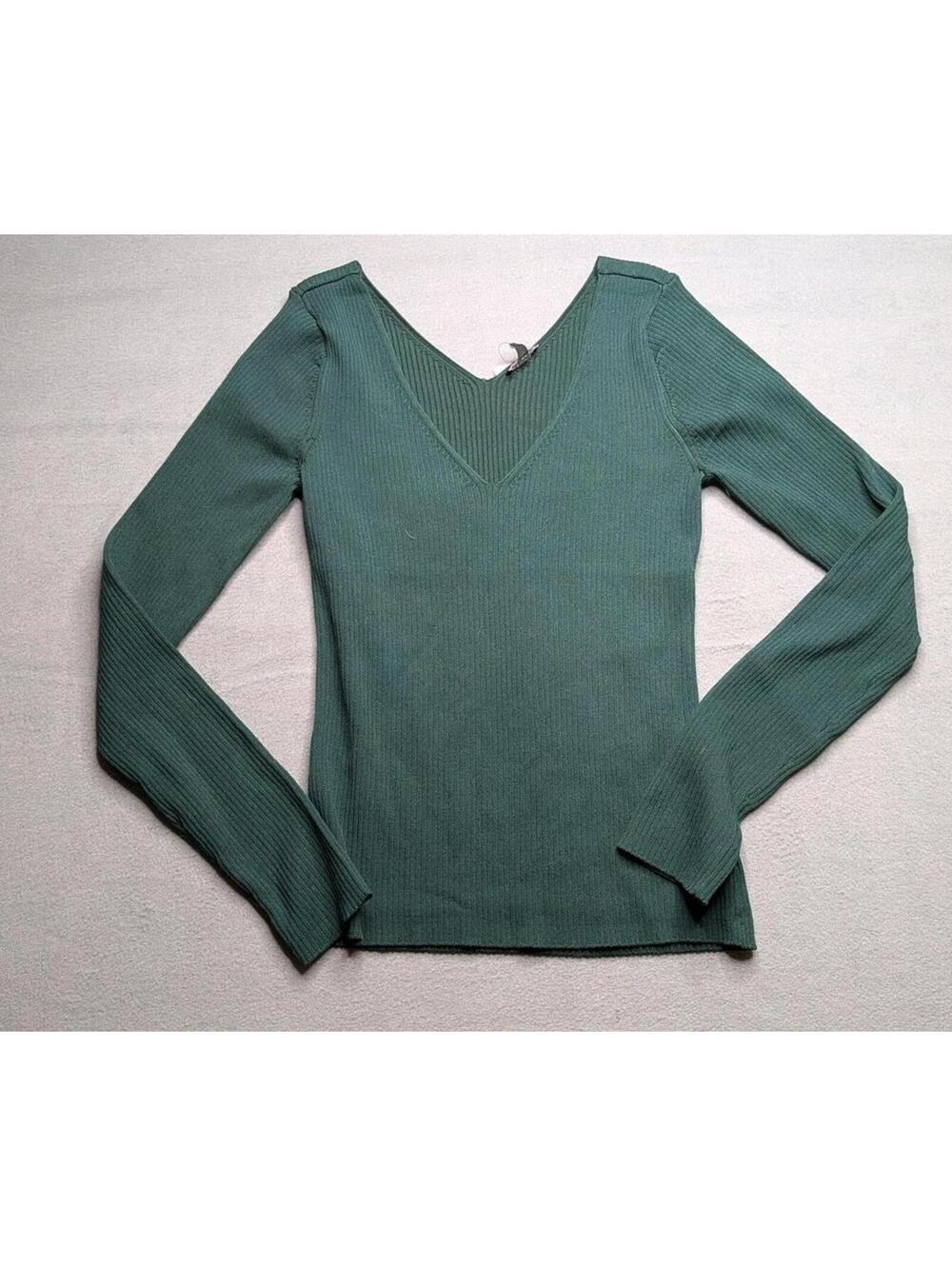 Express Shirt Womens M Green V Neck Long Sleeve Ribbed Stretch Knit Top